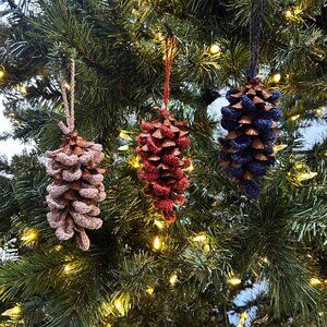 Set of 3 Crochet & Pinecone Christmas Ornaments, Blue, Orange & Off White